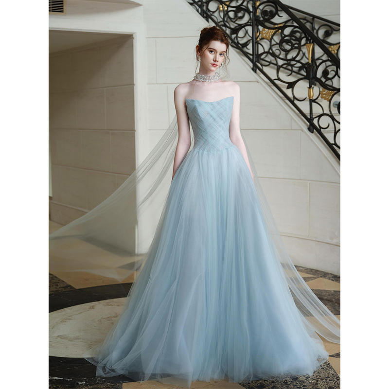 Strapless Robe for Female Brides, High-End Luxury Niche Engagement Toast Dress, Birthday Party Blue Fairy-Like Evening Gown Strapless Robe for Female Brides, High-End Luxury Niche Engagement Toast Dress, Birthday Party Blue Fairy-Like Evening Gown