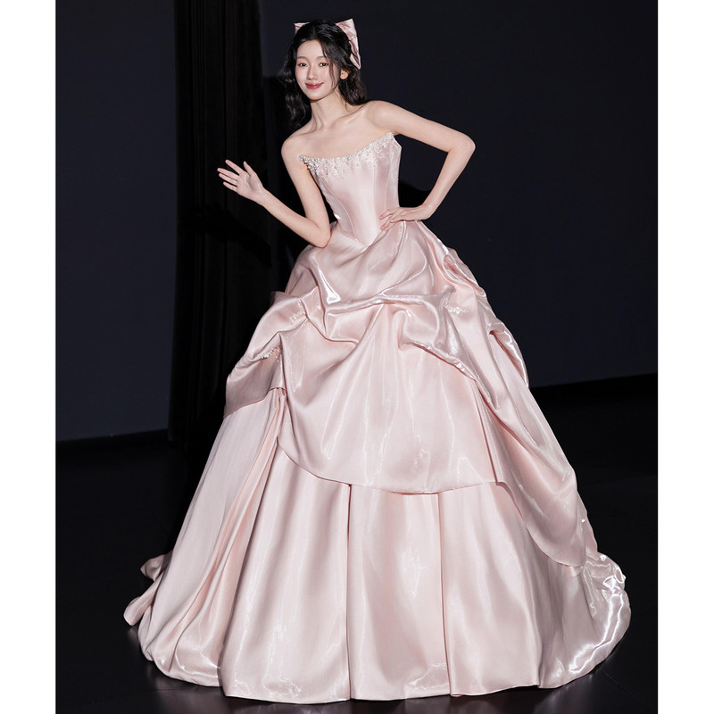 Pink Satin Evening Dress for Women, High-End Bridal Engagement Dress, Host Student Day Graduation Adult Ceremony Princess Dress