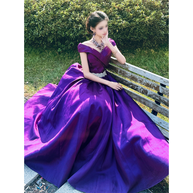 Purple One-Shoulder Evening Dress with a High-End Feel, Fairy-Like Elegance, Suitable for Vocal Performances, Host Roles, Student Birthday Parties, and Coming-Of-Age Ceremonies, Princess Dress