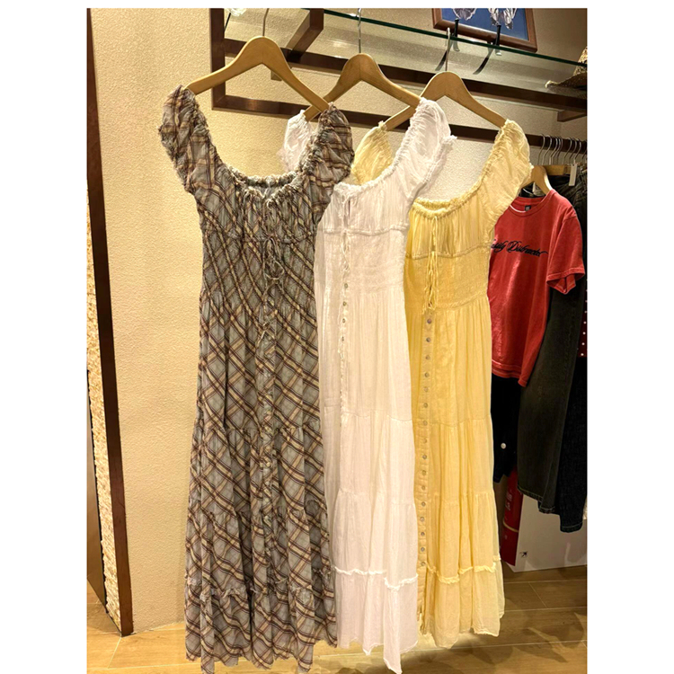 Bdg Mid-Length Straight Button-Up Lace-Up Plaid Short-Sleeve Dress 26 Spring/Summer Small Girl It Genuine National Brand