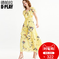 DPLAY2018 sáng mùa hè vàng mới châu Âu và Mỹ cổ chữ V in ngắn tay áo lớp Ruffles eo