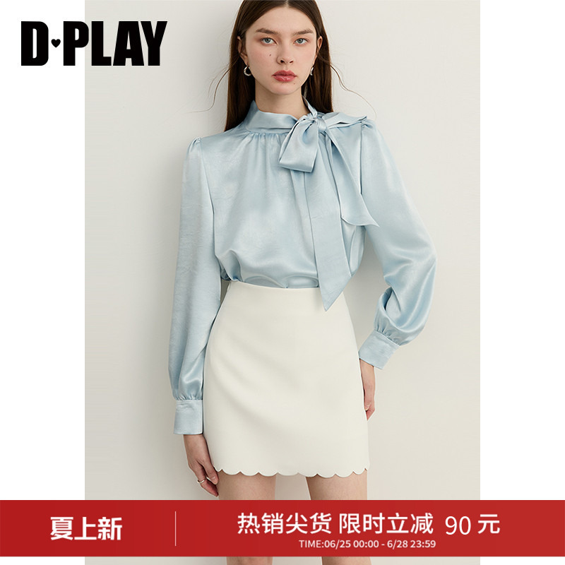 Dplay Blue Shirt for Women with Jacquard Bow, 2026 Spring New Style, Lace-Up French Fashion Top