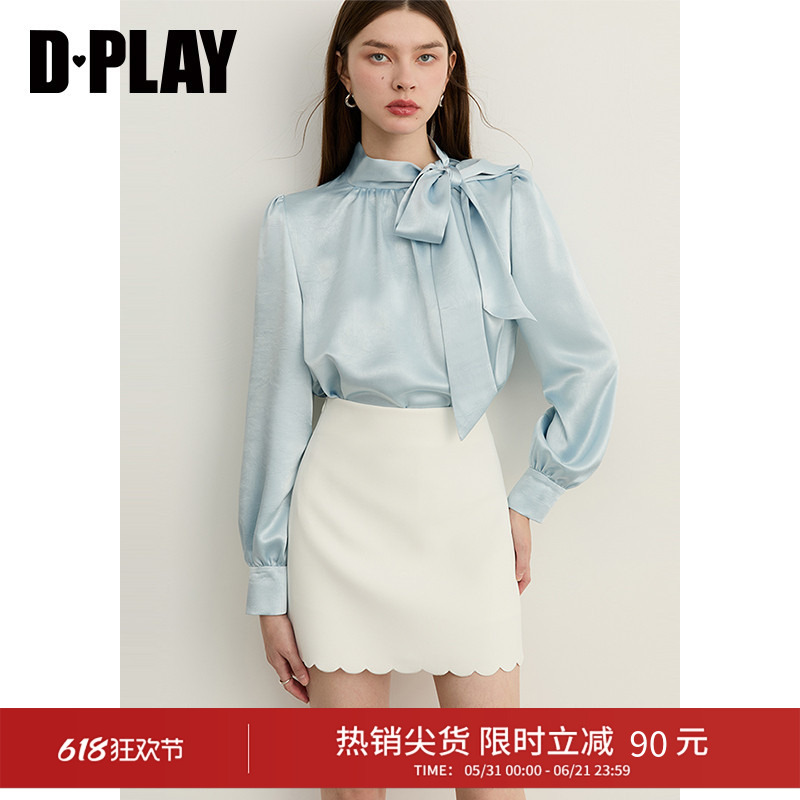 Dplay Blue Shirt for Women with Jacquard Bow, 2026 Spring New Style, Lace-Up French Fashion Top
