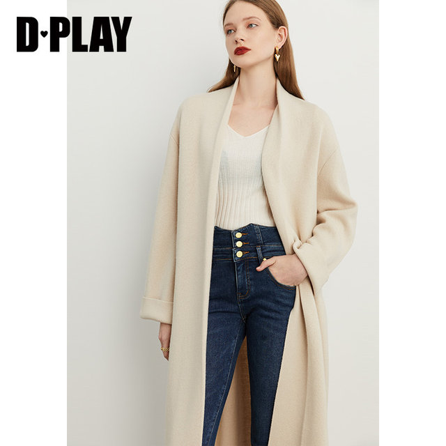 DPLAY ເສື້ອຢືດ cardigan ຖັກແສ່ວຍາວກາງ wool ນົມ apricot ລະດູໜາວຄົນຂີ້ຄ້ານ