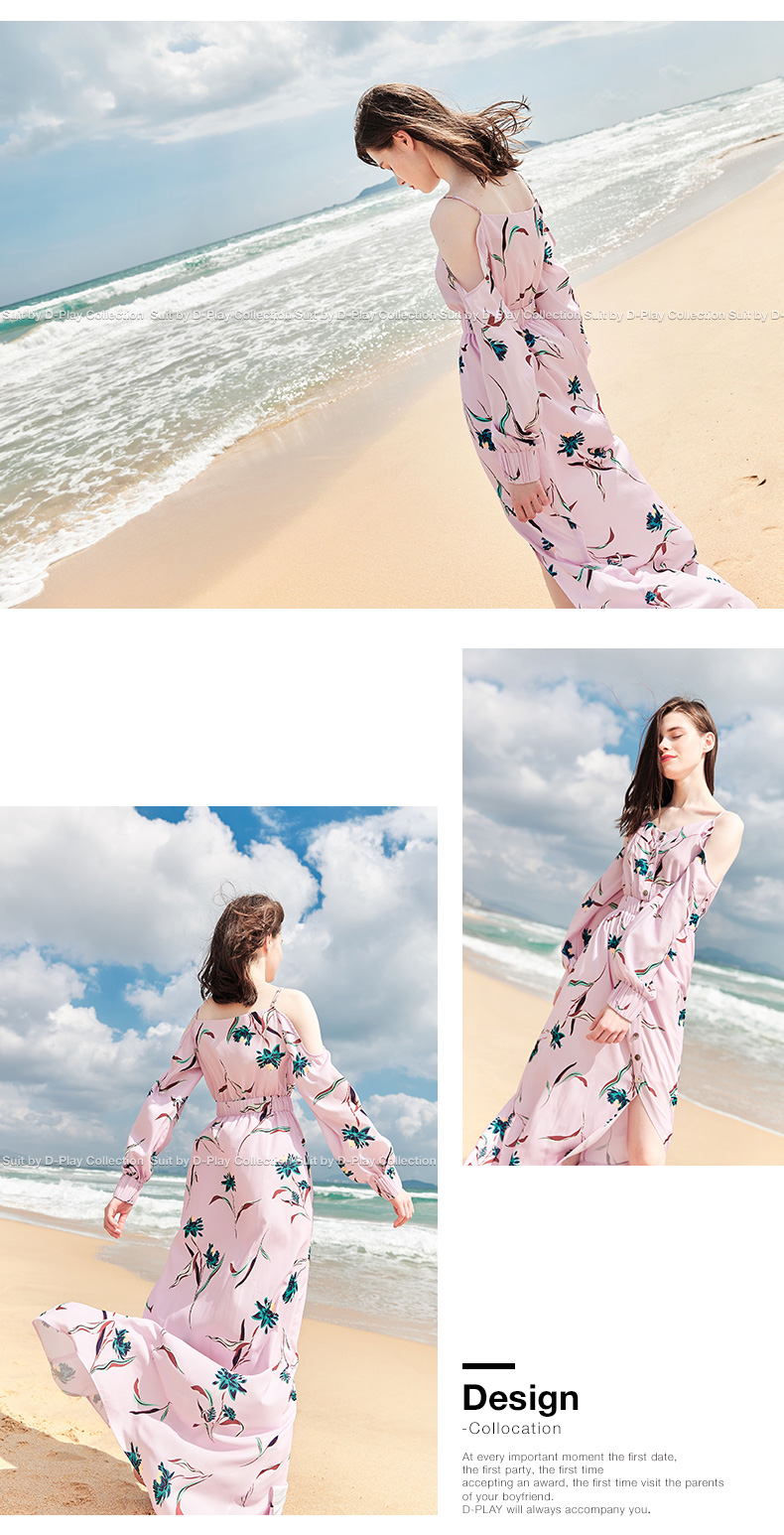 DPLAY2018 mùa xuân và mùa hè mới Châu Âu và Mỹ hồng in strapless dài tay voan váy V-Cổ đơn ngực bãi biển váy áo đầm đẹp