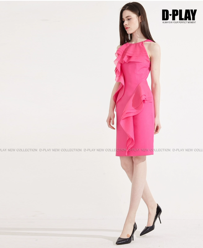 D-CHƠI Mùa Hè Mới Châu Âu và Mỹ Tăng Hồng lưới khâu cao eo váy lá sen Slim dress dress váy áo kiểu trung niên