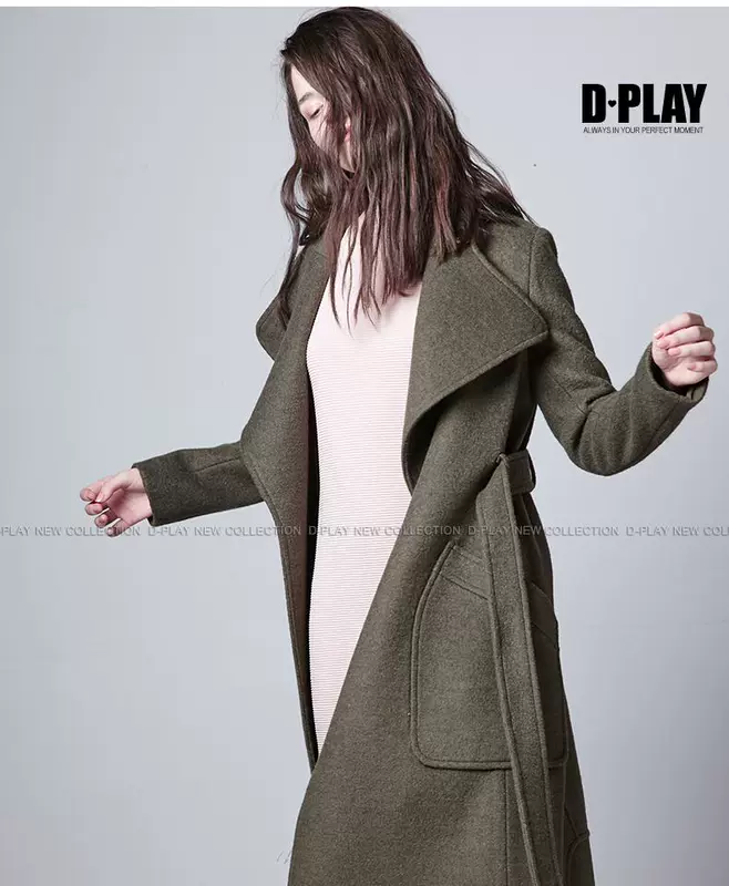 DPLAY mô hình mùa thu và mùa đông Châu Âu và Hoa Kỳ với thắt lưng và áo khoác dài đi lại OL áo khoác len mỏng lớn