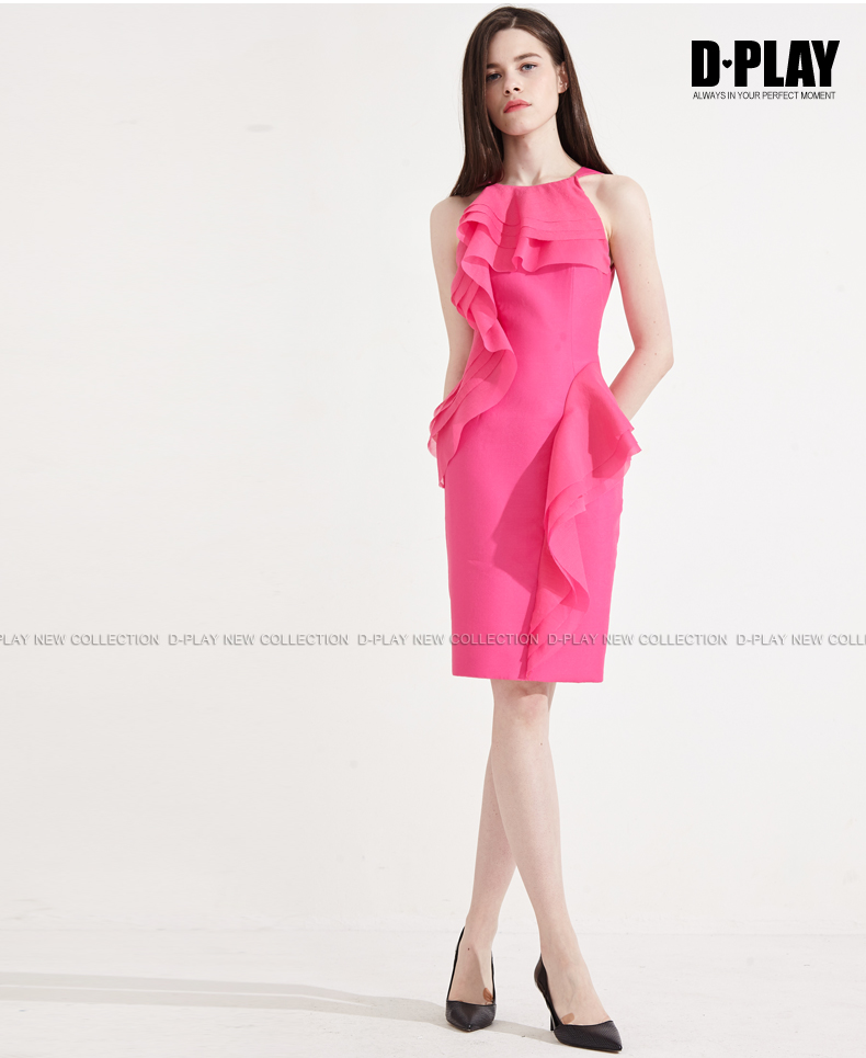 D-CHƠI Mùa Hè Mới Châu Âu và Mỹ Tăng Hồng lưới khâu cao eo váy lá sen Slim dress dress váy