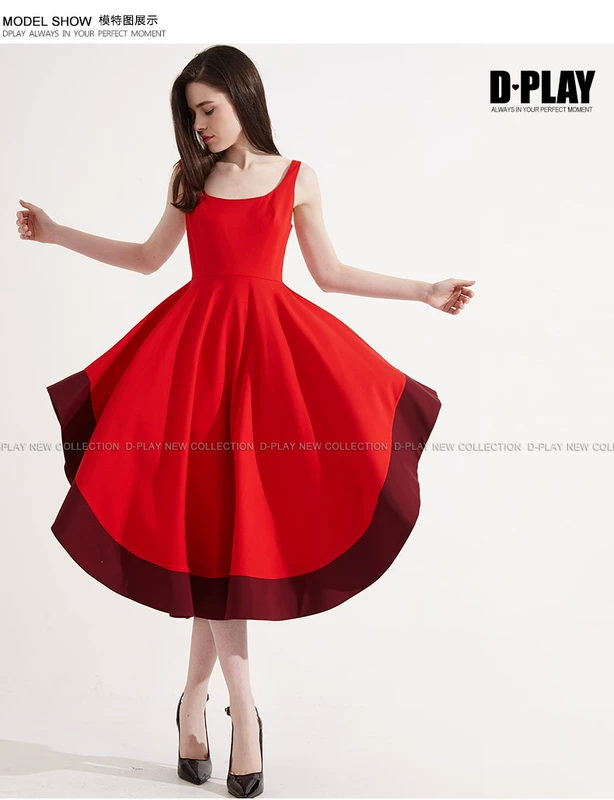 DPLAY mùa hè mới châu Âu và Hoa Kỳ đỏ tay Swing một hem váy khâu hit eo cao đầm váy đầm