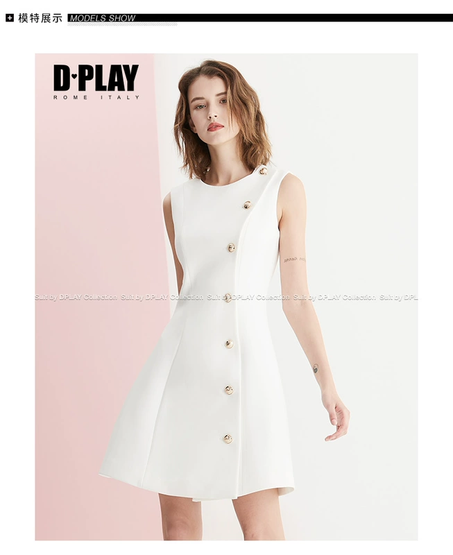 DPLAY2018 Mùa Xuân và Mùa Hè Mới Châu Âu và Mỹ Trắng Vòng Cổ Không Tay Ăn Mặc Elegant Đi Lại Side Ngực Một Từ Váy váy chữ a