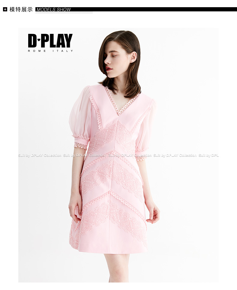 DPLAY2018 mùa hè mới Châu Âu và Mỹ hồng V-Cổ puff tay áo slim dress ren khâu váy