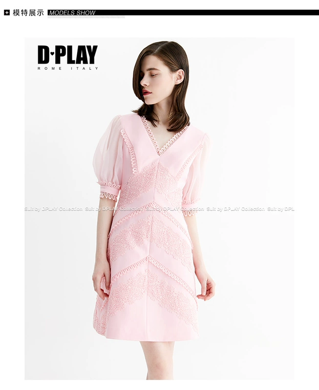 DPLAY2018 mùa hè mới Châu Âu và Mỹ hồng V-Cổ puff tay áo slim dress ren khâu váy