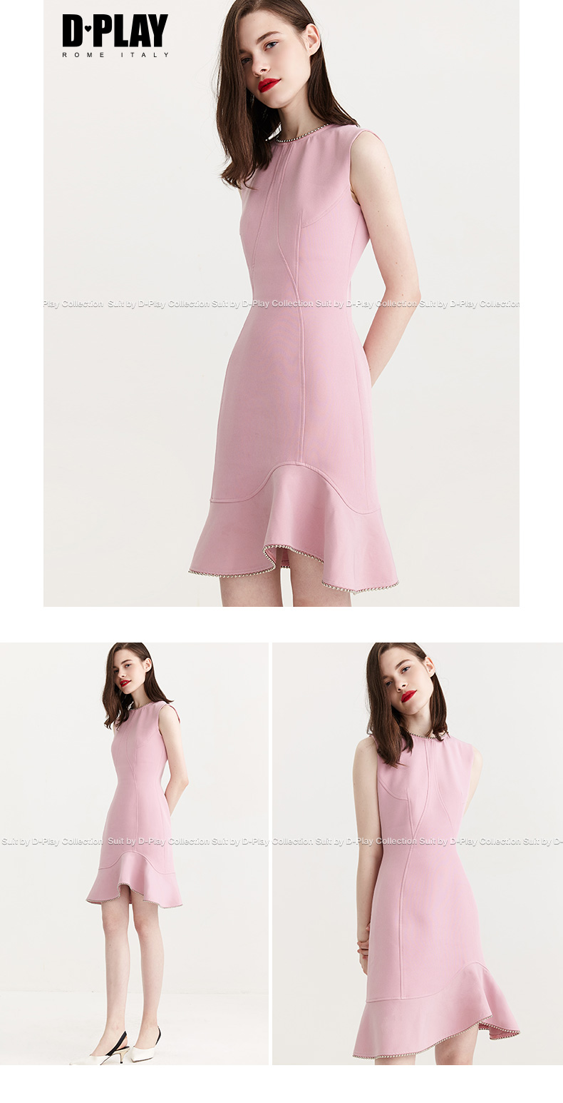 DPLAY Depala đầu mùa thu Châu Âu và Mỹ màu hồng đuôi cá hem váy váy cổ tròn off-shoulder slim eo cao ăn mặc 	váy hở eo đẹp