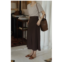 MMCC2022 spring season style deep brown retro ex open fork display slim A character half skirt cotton