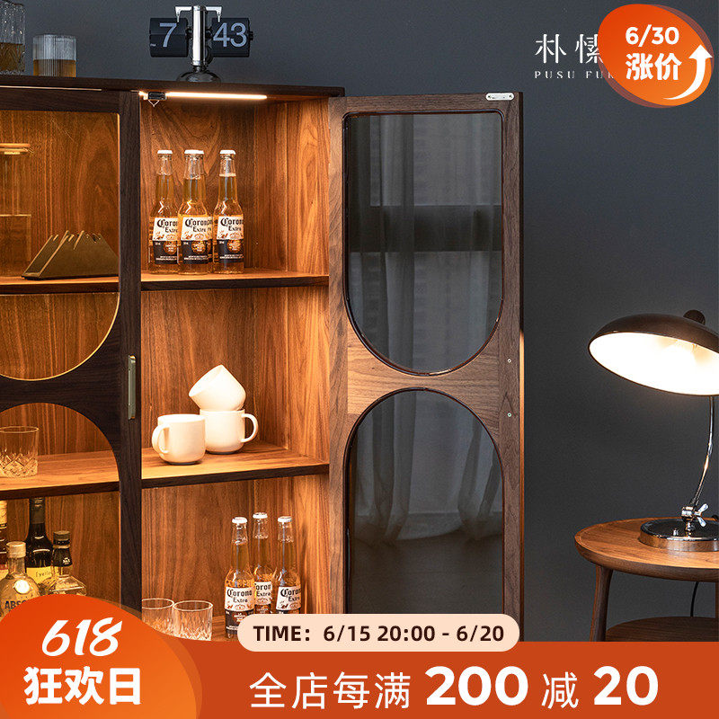 Plain wood for Nordic wine cabinet leaning against wall glass door with lamp display case black walnuts solid wood light and luxurious bookcase dining cabinet