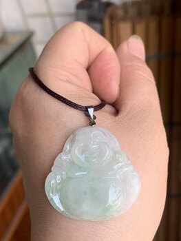 Natural a-quality jadeite pendant, ice type floating sun green buddha necklace, maitreya buddha jade pendant 01