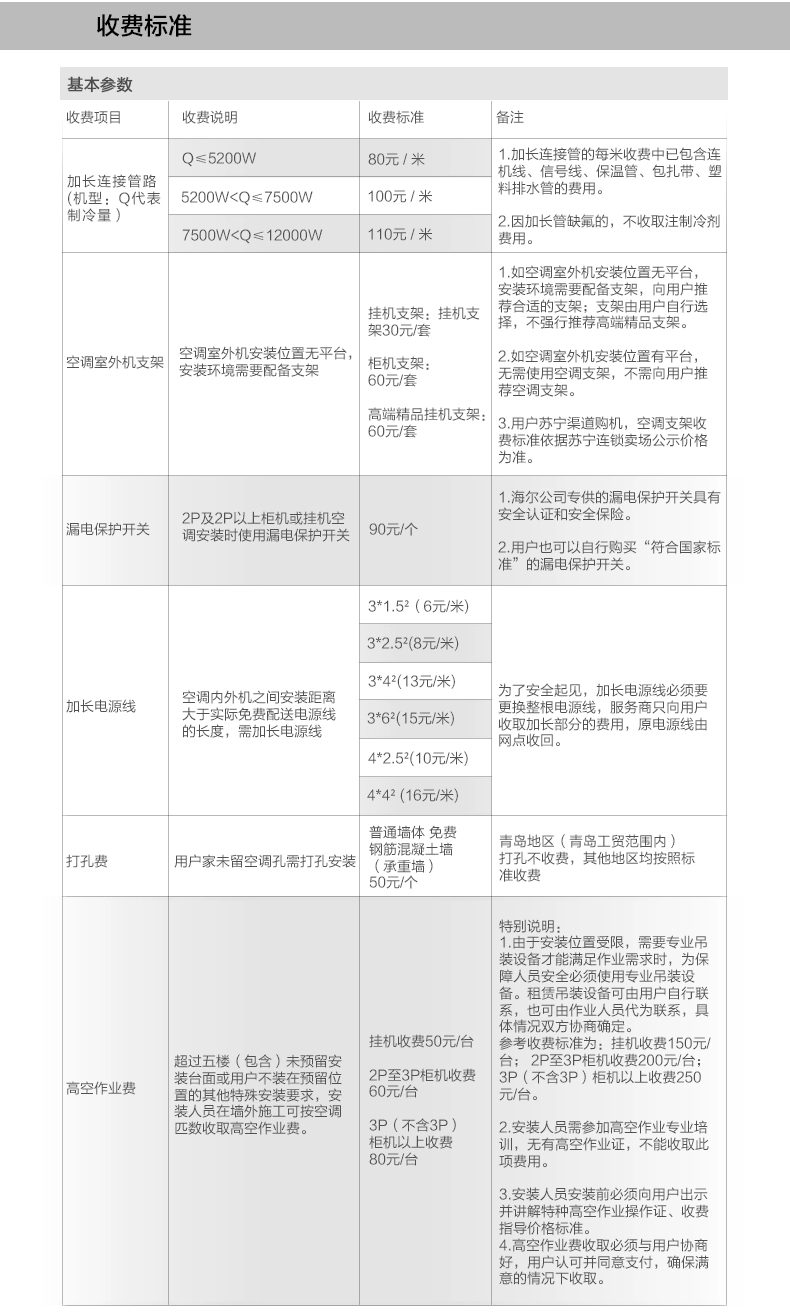 空调收费标准