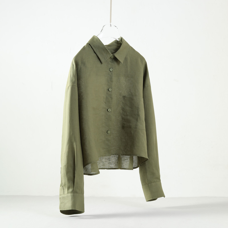 Breathable Cotton and Linen Olive Green Long-Sleeved Shirt for Women Spring & Fall Cotton and Linen Short Comfortable Loose Lazy Style Top