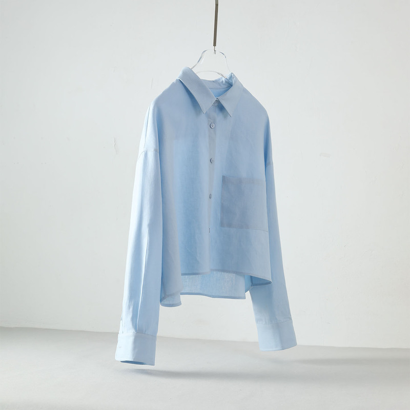 Long-Sleeved Cotton and Linen Women's Short Shirt, Loose Light Blue Spring and Autumn New Product, Artistic Casual Top, Outer Shirt