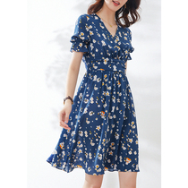 Mijia good quality blues romantic French light luxury silk printing thin V-neck lace sleeve waist dress