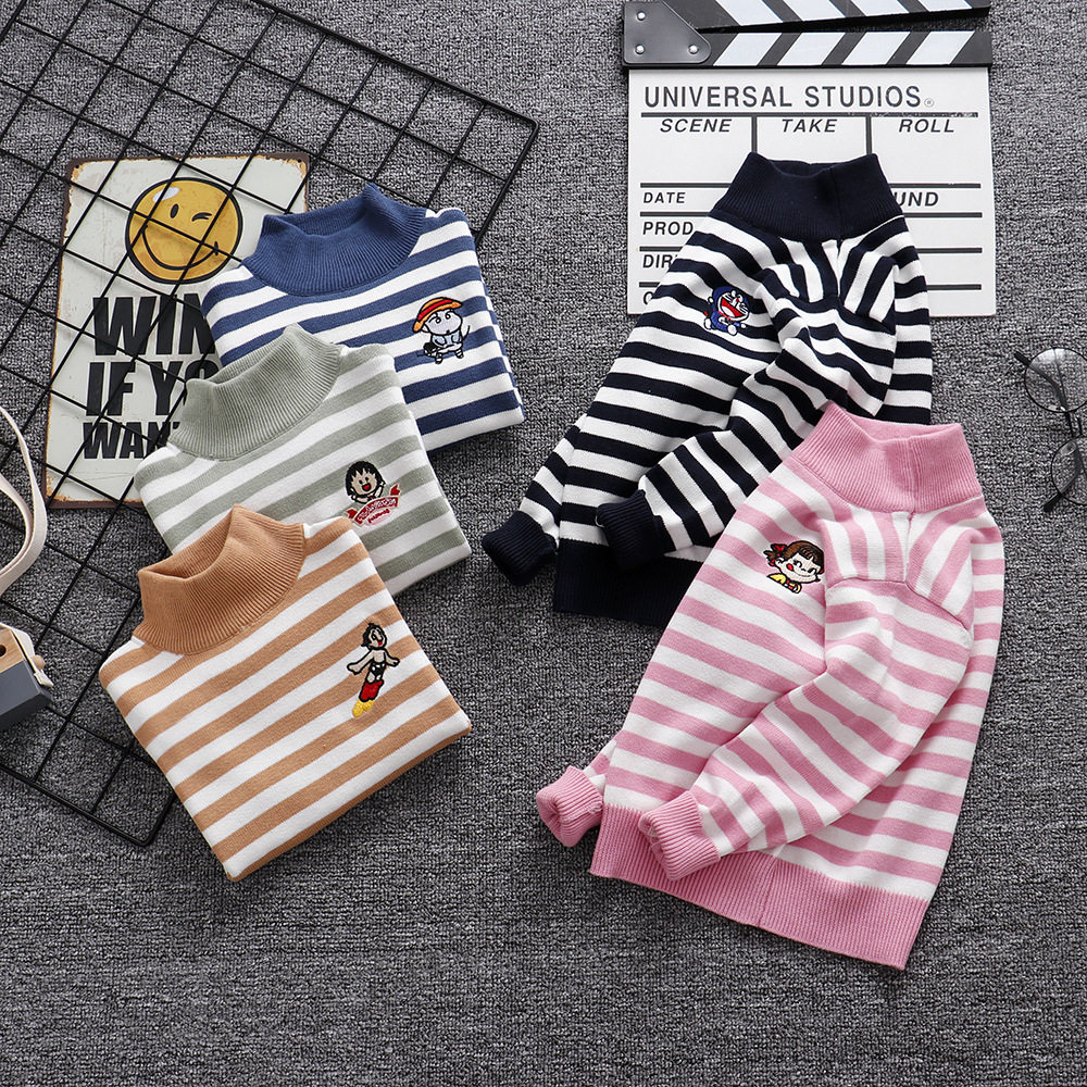 Foreign trade original single ins children's clothing cartoon embroidery pullover striped bar color cotton inner clothes boys and girls sweater special
