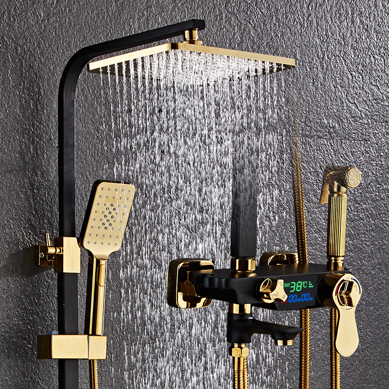 Intelligent constant temperature display copper sprinkler set household black shower shower rain booster nozzle bath