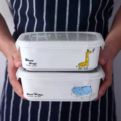 Cartoon ceramic lunch box microwave oven special office worker partition insulation lunch box square three grid separate fresh Bowl