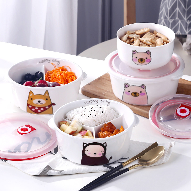 Cute Office Round Lunch Box with Ceramic Sandwich Lunch Box Separated Type Cover Heated Microwave Oven Dining Box