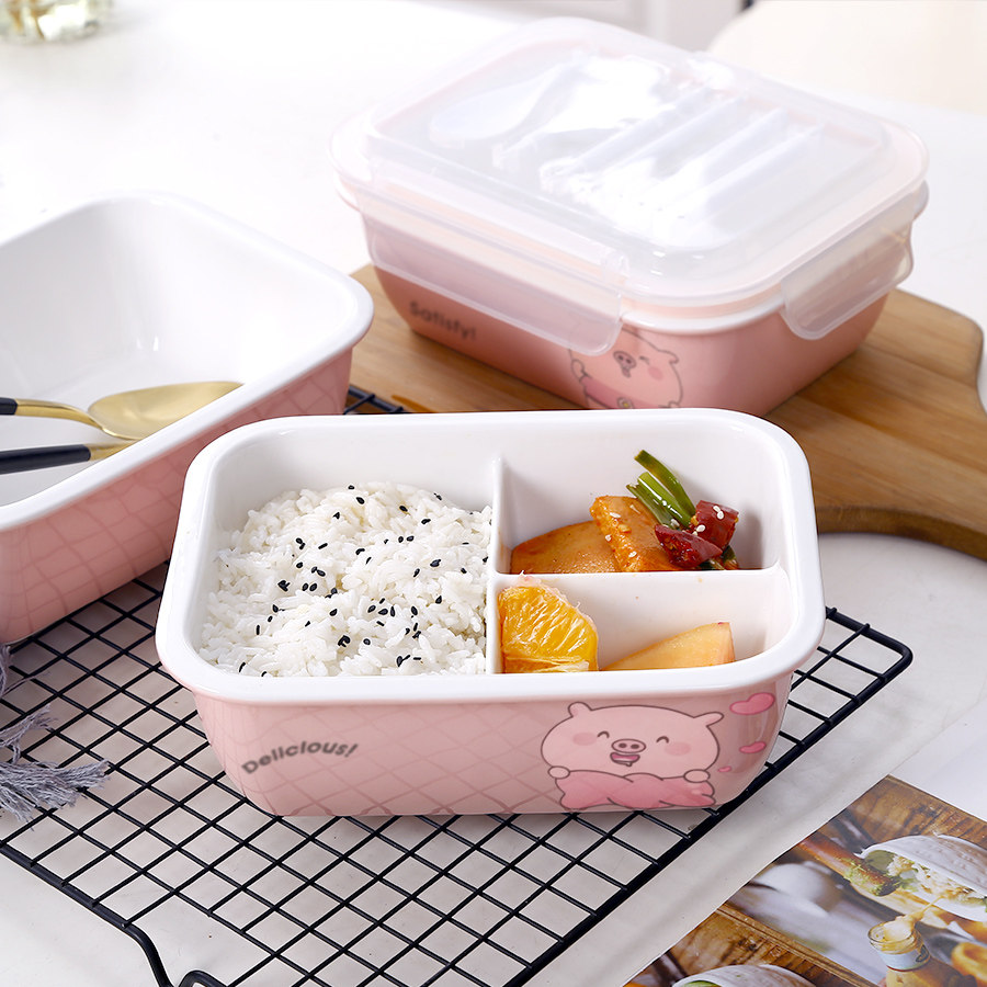 Large capacity with lid heating three-compartment lunch box divider bowl lunch box microwave oven food grade ceramic office worker