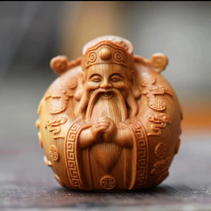 Taihang Thuja, the God of Wealth, Fortune, and Longevity, Three Immortals, Solid Wood Carving, Hand-Held Ornament, Office Decoration, God of Wealth Handmade Crafts