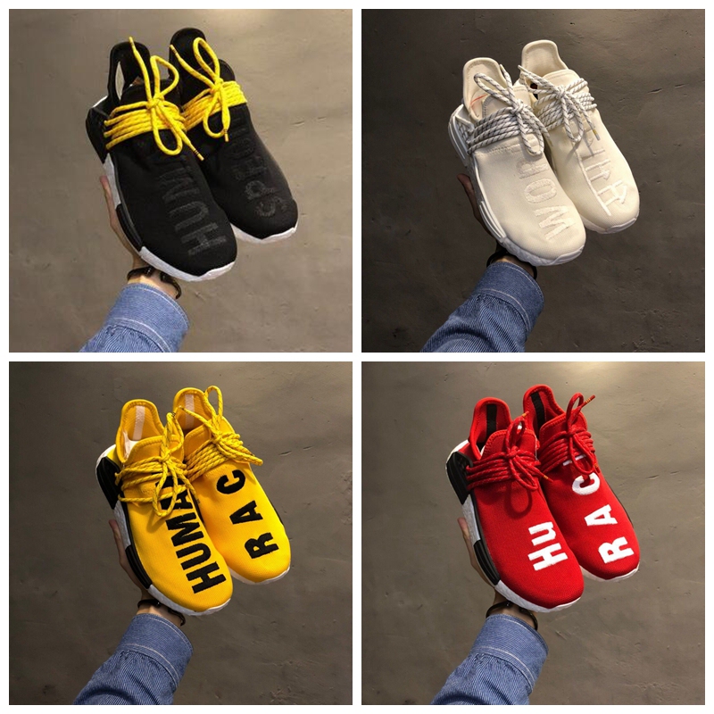 Pharrell Williams Collaboration with Basf Nmd Platinum Pure White Black Yellow Authentic Popcorn Running Shoes for Men and Women Original Large Size