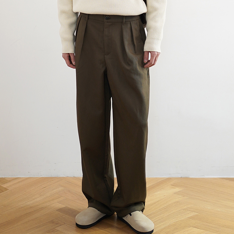Shijoin Tea Brown Double-Pleated Casual Pants, Drapey, Versatile, Straight-Leg, Loose, Mid-High Waist, Floor-Length Pants 200219