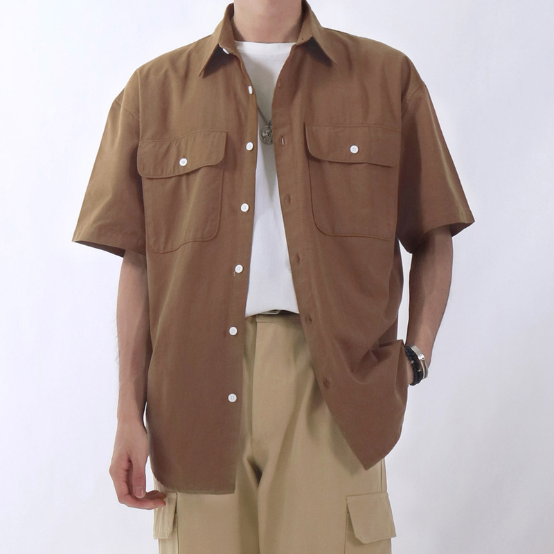 Shijoin Original Brown Workwear Short-Sleeved Shirt Summer Style Men's Casual Drop Shoulder Pure Cotton Shirt Jacket 200145