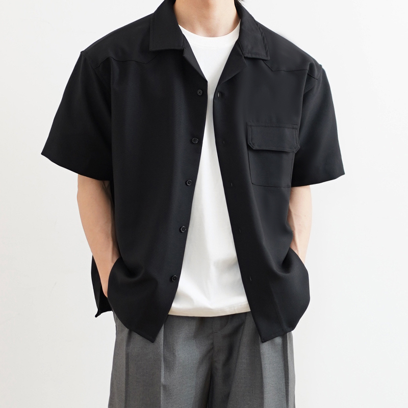 Shijoin Original Black Work Shirt with Cuban Collar, Casual, No-Iron, High-End Tr Short-Sleeved Top 200148