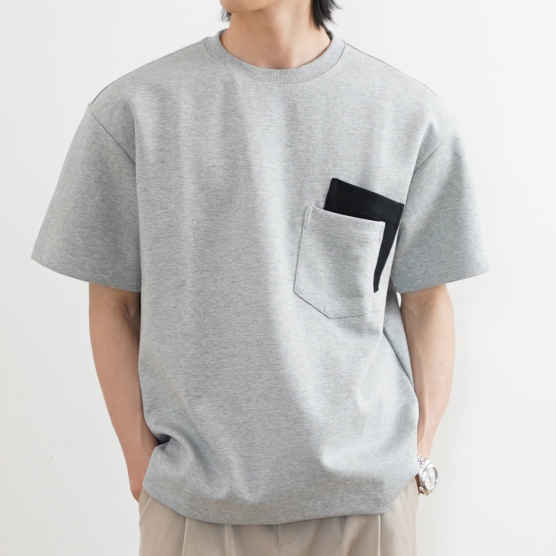 Shijoin Original Gray Short-Sleeve T-Shirt, Loose Fit, Heavyweight 420g, Double-Layered, Color-Blocked Pocket, Small Neckline 200102 Shijoin Original Gray Short-Sleeve T-Shirt, Loose Fit, Heavyweight 420g, Double-Layered, Color-Blocked Pocket, Small Neckline 200102