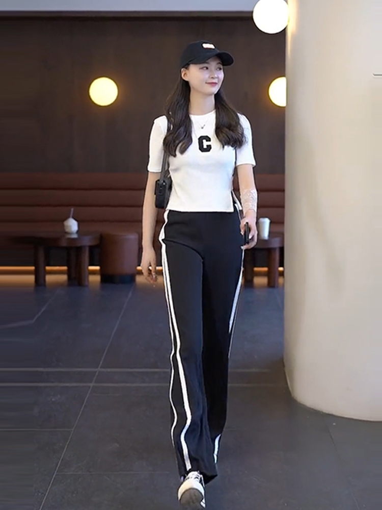 Black Casual Fashion Broadlegged Pants Suit Women Han Edition Tug Pants Two Sets Fashion Minus Age Foreign Pie Spring Summer women's clothing