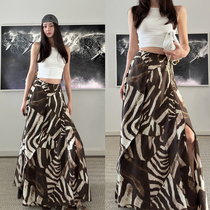 Ruelle Linen Print Half Dress Zebra Design Sensation Slit Comfort Comfortable A Character Long Skirt LR Old Money Wind