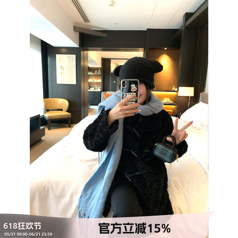 Kong Zhen Is so Annoying. 「Teddy Bear Eco-Friendly Furry 3.0」 Black Coat Winter Korean Style Horn Button Top for Women