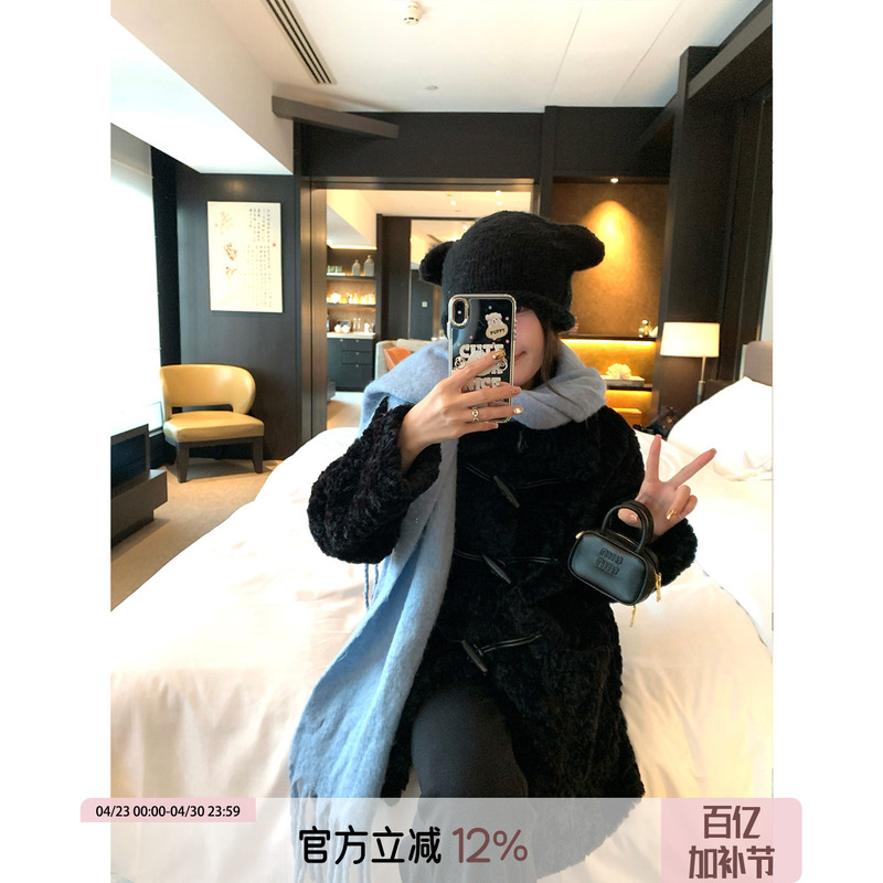 Kong Zhen Is so Annoying. 「Teddy Bear Eco-Friendly Furry 3.0」 Black Coat Winter Korean Style Horn Button Top for Women