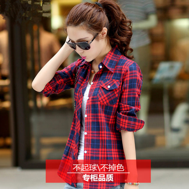 Spring Plaid Shirt Women's Long-sleeved Cotton Brushed Ladies Shirt Slim Bottom Shirt Large Size Top Mother Coat