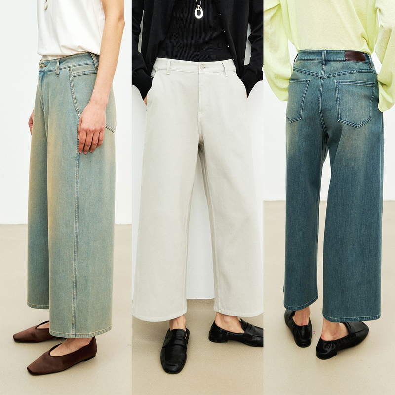 Mrs Studios Vintage Washed Side Seam Front-Shift Straight-Leg Slimming Leg-Lengthening Cropped Jeans