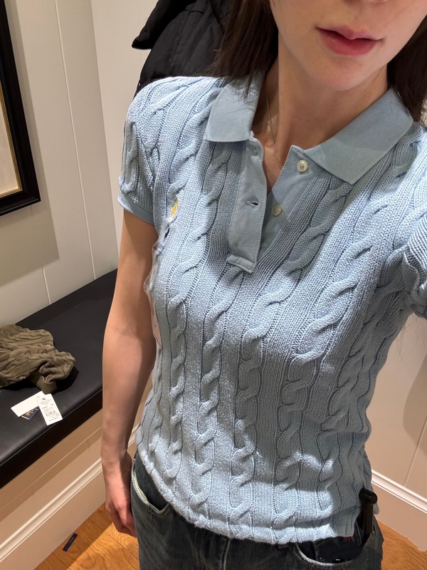 Same Style as in the Mall, American Retro Washed Cotton Slim-Fit Cable Knit Polo Collar Short-Sleeve Knit Top for Women