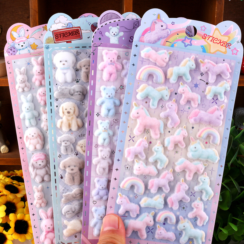 Cute Animal 3D Embossed Flocking Stickers Unicorn Bear Rabbit Rainbow Dog Stickers