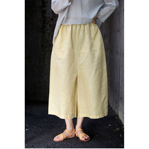 An old original with summers milk yellow Han hemp cotton high dense fabric light sensation tightness waist loose waist loose width pants 2958