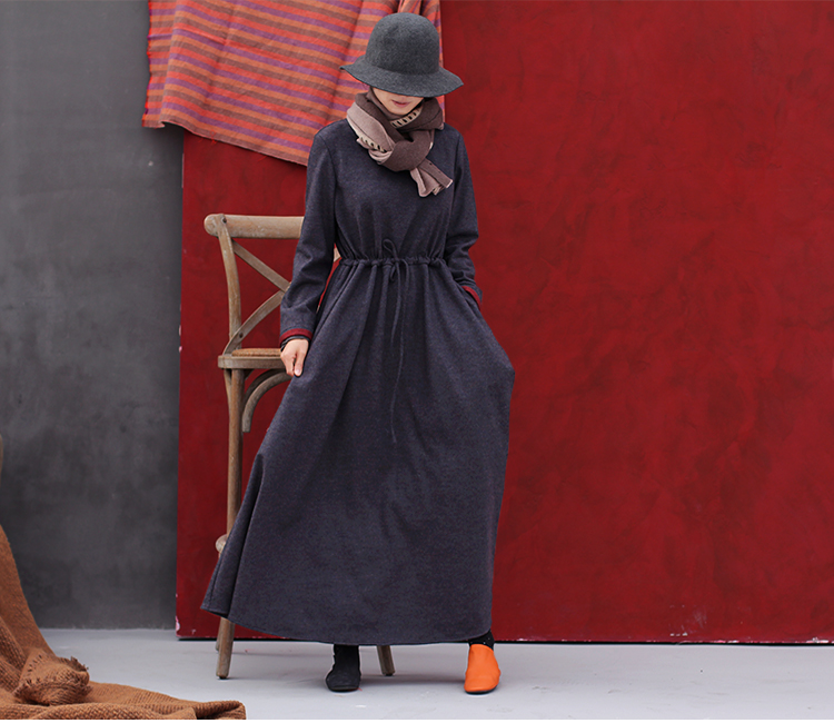 壹 Old gốc mùa đông Úc len tinh khiết màu xám sợi màu xanh variegated dài Một từ eo dây rút dress 1848 váy nữ