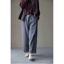 An old original with winter style grey blue wool cotton double layer hit with tightness waist pumping rope loose and warm radish pants 3439