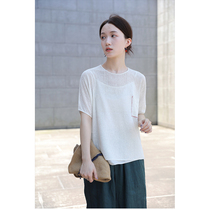 One Old Original 2021 Summer White Flax Breathable Dry Bump Texture Loose Casual Knitted T-shirt 6110
