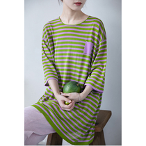 One old original with summer bamboo green stripe acetate cotton Shuang smooth and smooth round collar drop shoulder sleeves Knitted T-shirt 6245