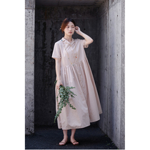 An old original nude pink slip light copper ammonia silk cotton retro small suit collar open flap short sleeve one-piece dress 4828