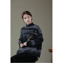 An old original winter style beautiful slave wool black and white series Coloured Mountain River painting Knitted High Collar Art Sweater 1386